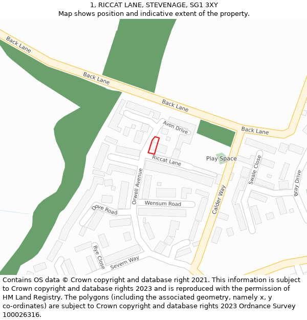 1, RICCAT LANE, STEVENAGE, SG1 3XY: Location map and indicative extent of plot