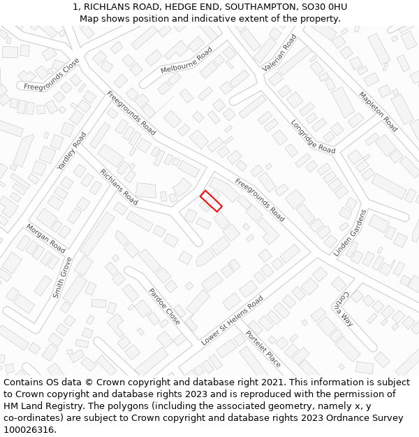 1, RICHLANS ROAD, HEDGE END, SOUTHAMPTON, SO30 0HU: Location map and indicative extent of plot