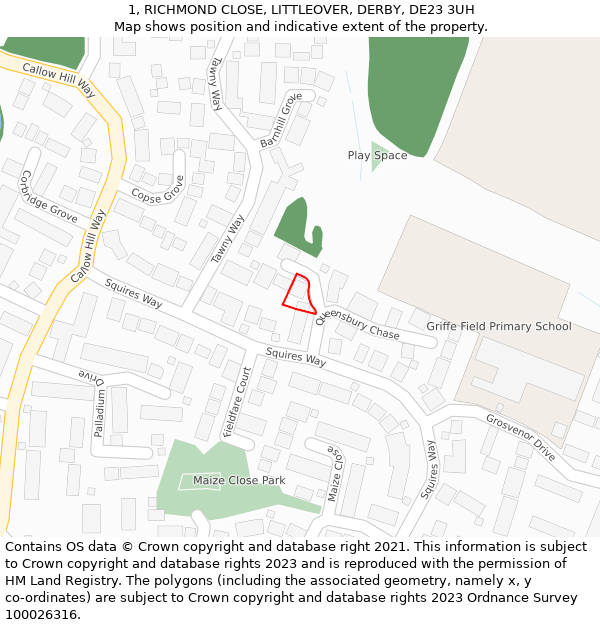 1, RICHMOND CLOSE, LITTLEOVER, DERBY, DE23 3UH: Location map and indicative extent of plot