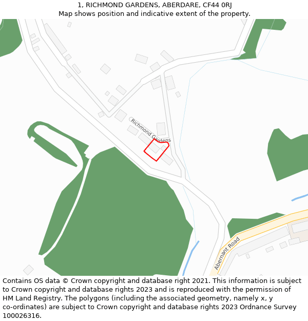 1, RICHMOND GARDENS, ABERDARE, CF44 0RJ: Location map and indicative extent of plot