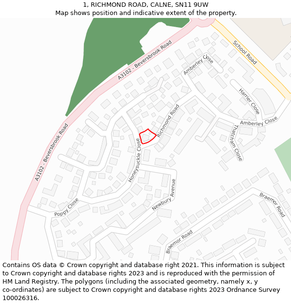 1, RICHMOND ROAD, CALNE, SN11 9UW: Location map and indicative extent of plot