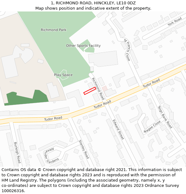 1, RICHMOND ROAD, HINCKLEY, LE10 0DZ: Location map and indicative extent of plot