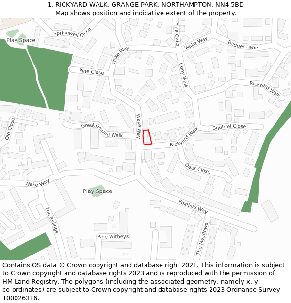 1, RICKYARD WALK, GRANGE PARK, NORTHAMPTON, NN4 5BD: Location map and indicative extent of plot