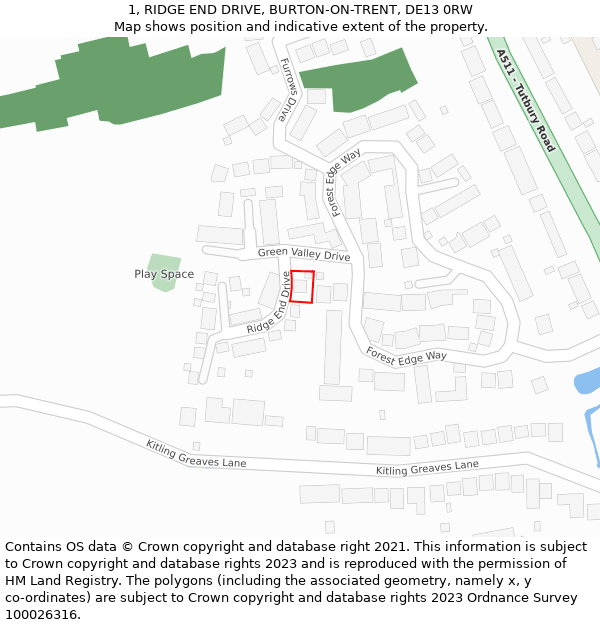 1, RIDGE END DRIVE, BURTON-ON-TRENT, DE13 0RW: Location map and indicative extent of plot