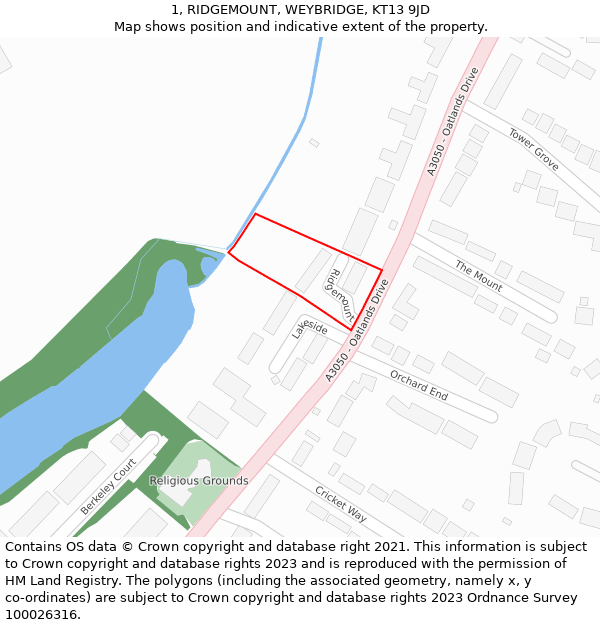 1, RIDGEMOUNT, WEYBRIDGE, KT13 9JD: Location map and indicative extent of plot