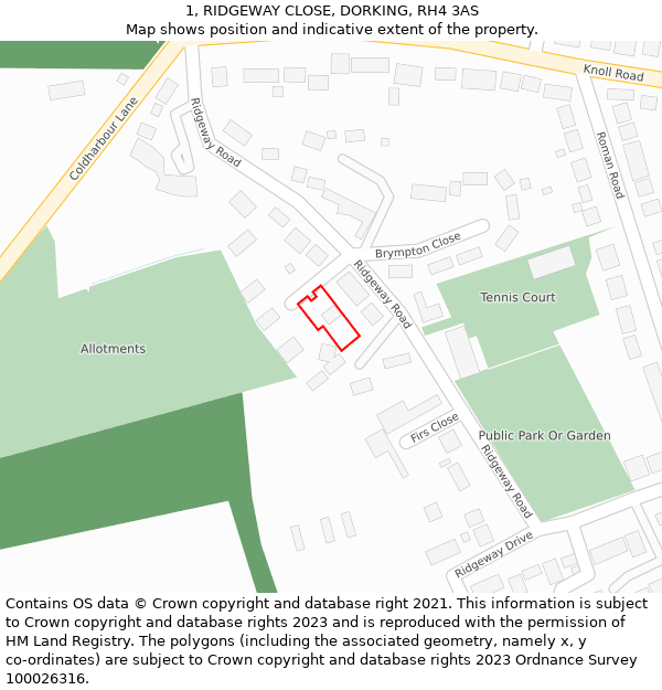 1, RIDGEWAY CLOSE, DORKING, RH4 3AS: Location map and indicative extent of plot