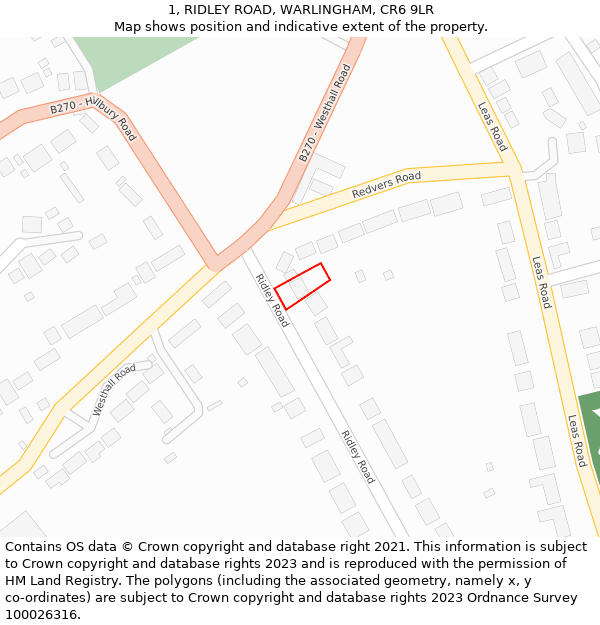 1, RIDLEY ROAD, WARLINGHAM, CR6 9LR: Location map and indicative extent of plot