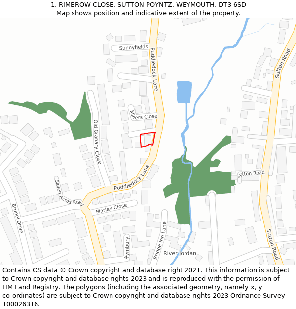 1, RIMBROW CLOSE, SUTTON POYNTZ, WEYMOUTH, DT3 6SD: Location map and indicative extent of plot
