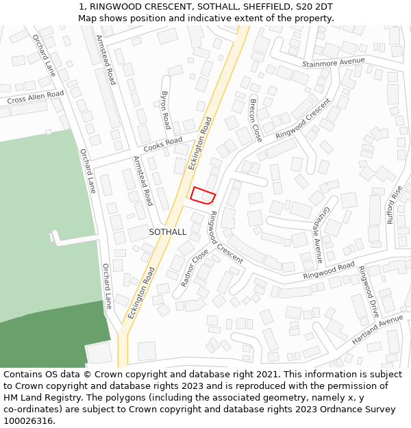 1, RINGWOOD CRESCENT, SOTHALL, SHEFFIELD, S20 2DT: Location map and indicative extent of plot