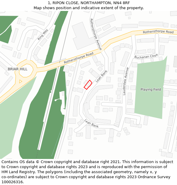 1, RIPON CLOSE, NORTHAMPTON, NN4 8RF: Location map and indicative extent of plot