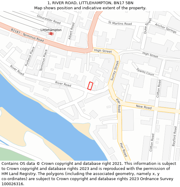 1, RIVER ROAD, LITTLEHAMPTON, BN17 5BN: Location map and indicative extent of plot