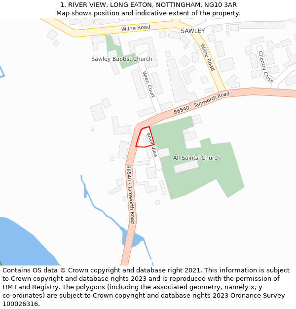 1, RIVER VIEW, LONG EATON, NOTTINGHAM, NG10 3AR: Location map and indicative extent of plot