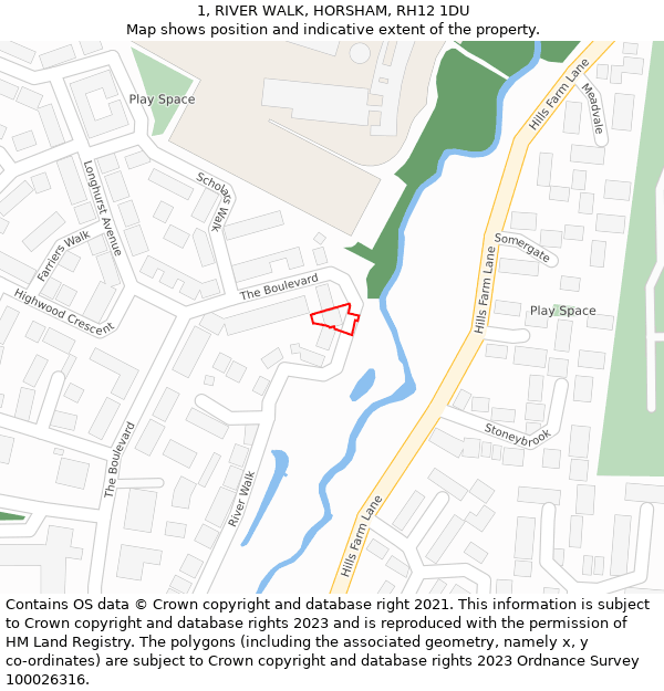 1, RIVER WALK, HORSHAM, RH12 1DU: Location map and indicative extent of plot