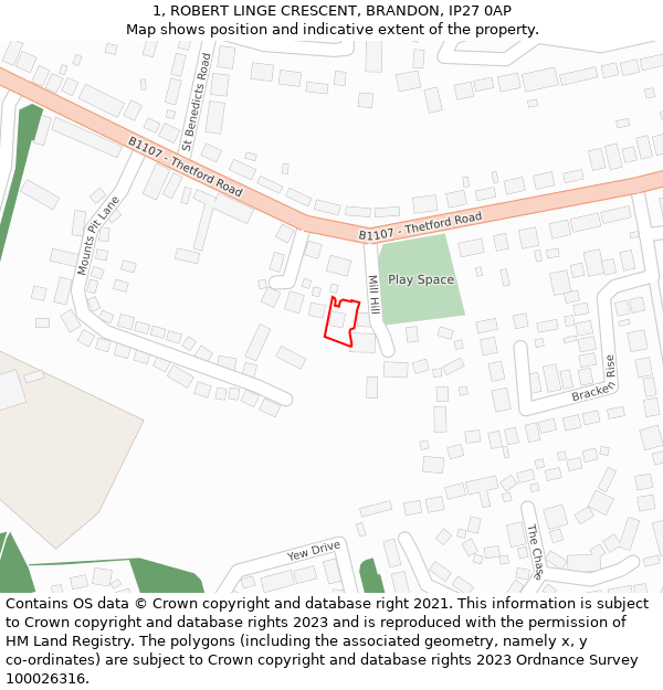 1, ROBERT LINGE CRESCENT, BRANDON, IP27 0AP: Location map and indicative extent of plot