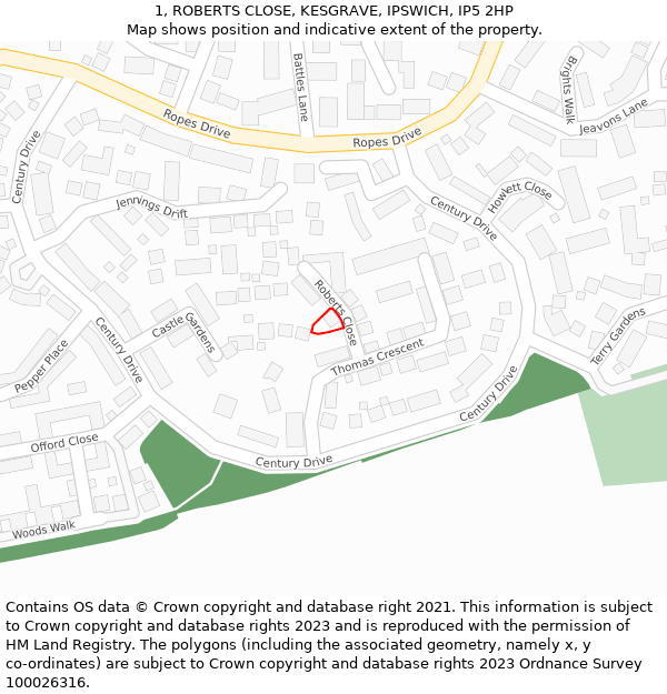 1, ROBERTS CLOSE, KESGRAVE, IPSWICH, IP5 2HP: Location map and indicative extent of plot