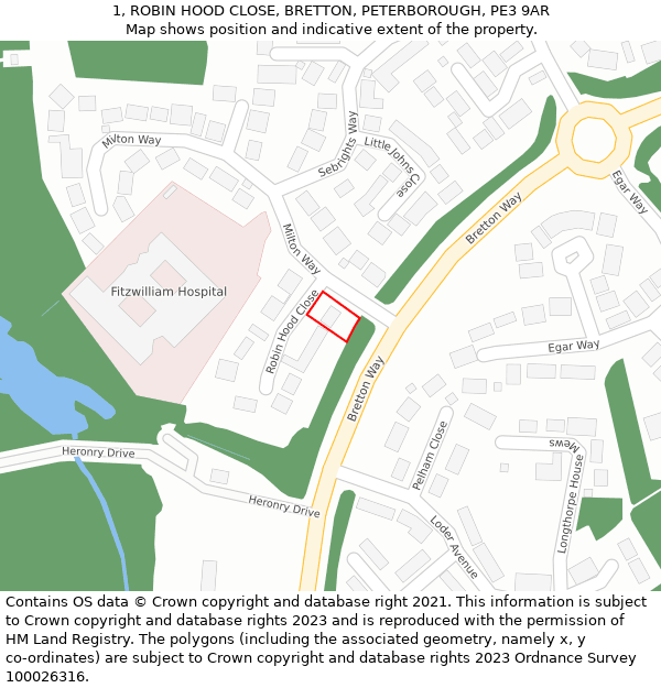1, ROBIN HOOD CLOSE, BRETTON, PETERBOROUGH, PE3 9AR: Location map and indicative extent of plot