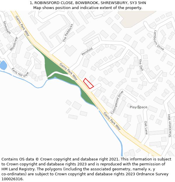 1, ROBINSFORD CLOSE, BOWBROOK, SHREWSBURY, SY3 5HN: Location map and indicative extent of plot