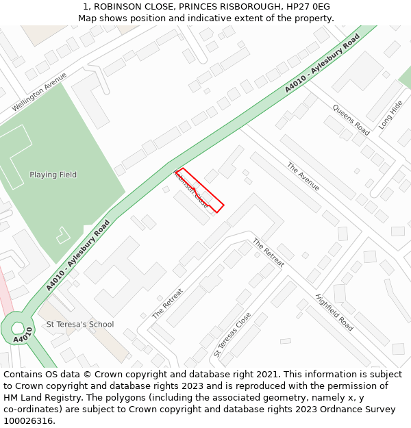 1, ROBINSON CLOSE, PRINCES RISBOROUGH, HP27 0EG: Location map and indicative extent of plot