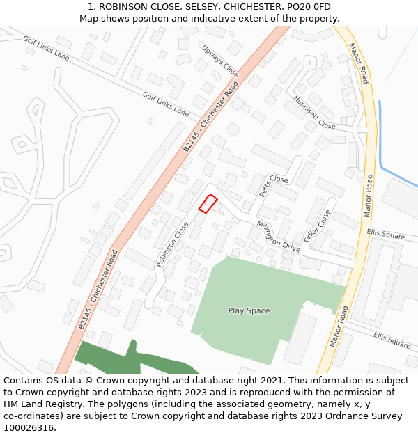 1, ROBINSON CLOSE, SELSEY, CHICHESTER, PO20 0FD: Location map and indicative extent of plot