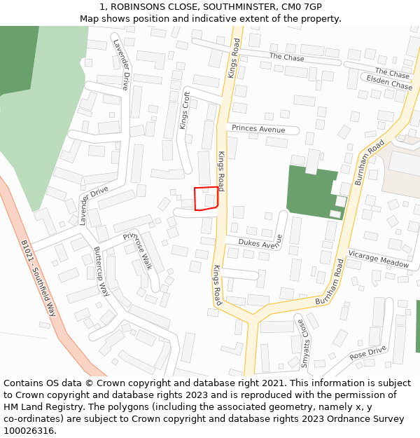 1, ROBINSONS CLOSE, SOUTHMINSTER, CM0 7GP: Location map and indicative extent of plot