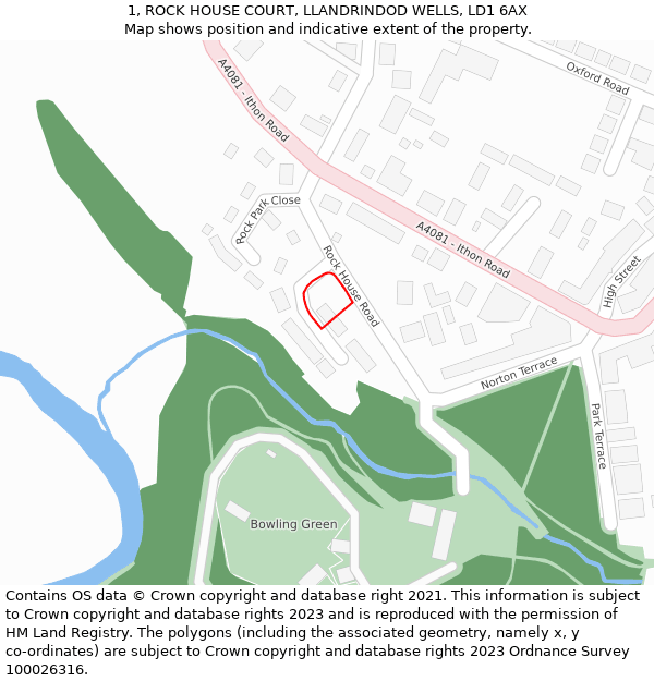 1, ROCK HOUSE COURT, LLANDRINDOD WELLS, LD1 6AX: Location map and indicative extent of plot