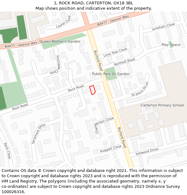 1, ROCK ROAD, CARTERTON, OX18 3BL: Location map and indicative extent of plot