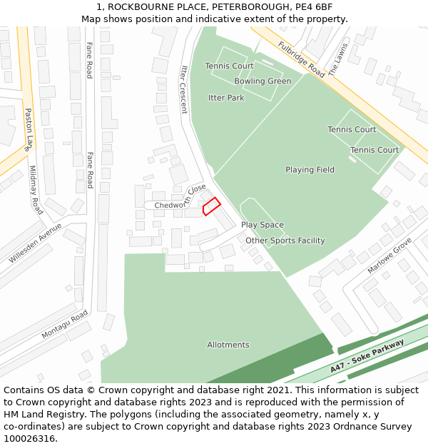 1, ROCKBOURNE PLACE, PETERBOROUGH, PE4 6BF: Location map and indicative extent of plot