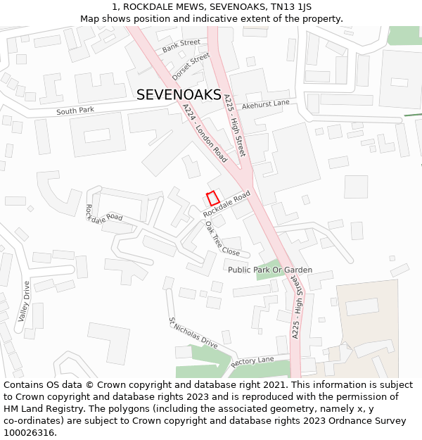 1, ROCKDALE MEWS, SEVENOAKS, TN13 1JS: Location map and indicative extent of plot