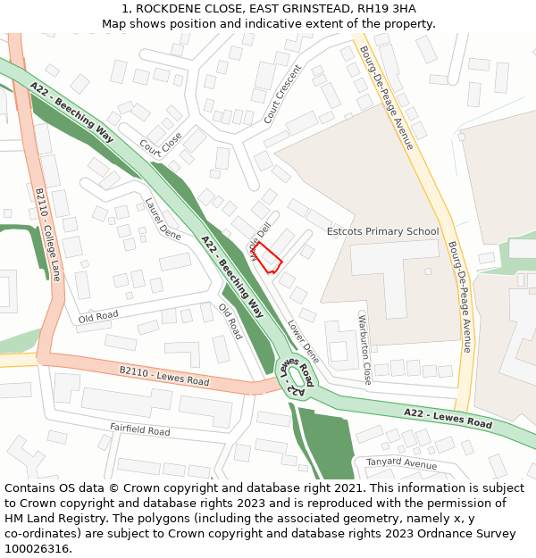 1, ROCKDENE CLOSE, EAST GRINSTEAD, RH19 3HA: Location map and indicative extent of plot