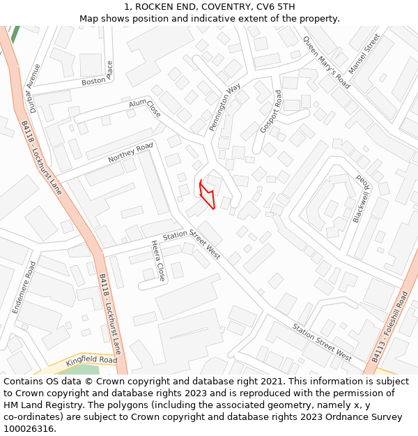 1, ROCKEN END, COVENTRY, CV6 5TH: Location map and indicative extent of plot