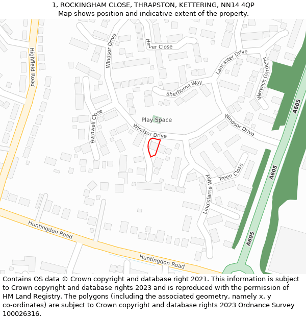 1, ROCKINGHAM CLOSE, THRAPSTON, KETTERING, NN14 4QP: Location map and indicative extent of plot