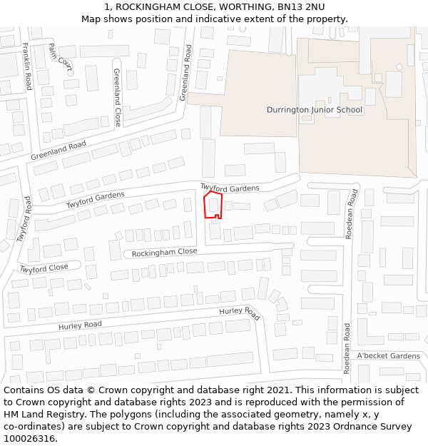 1, ROCKINGHAM CLOSE, WORTHING, BN13 2NU: Location map and indicative extent of plot