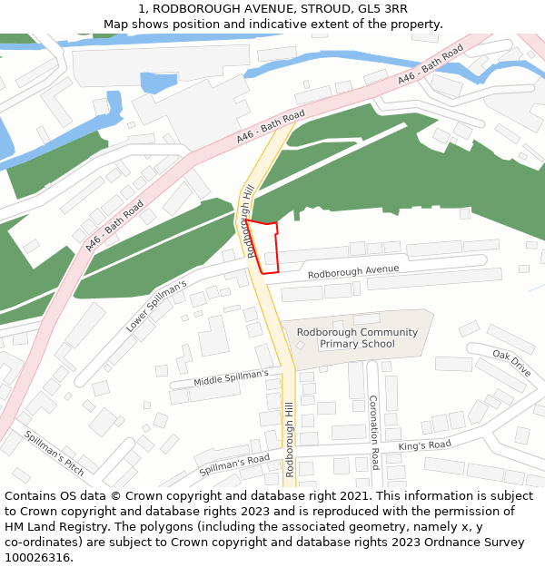 1, RODBOROUGH AVENUE, STROUD, GL5 3RR: Location map and indicative extent of plot