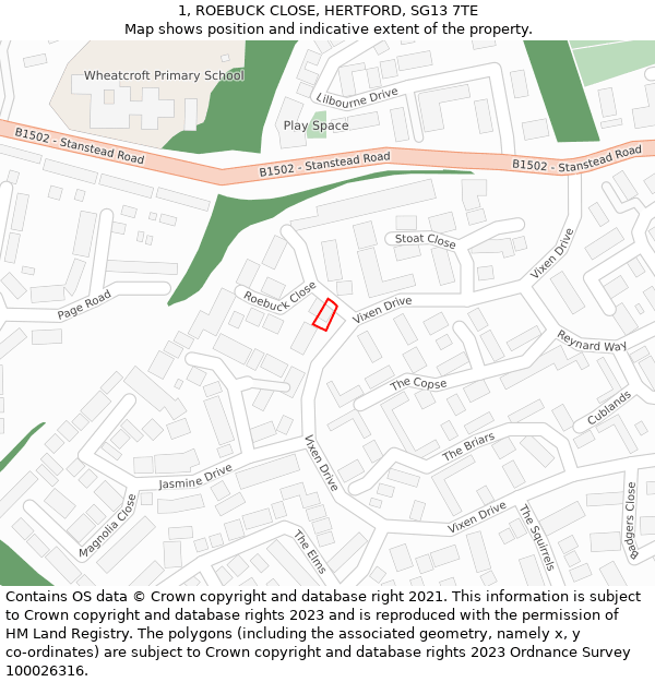 1, ROEBUCK CLOSE, HERTFORD, SG13 7TE: Location map and indicative extent of plot