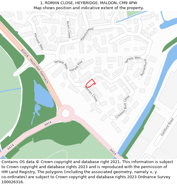 1, ROMAN CLOSE, HEYBRIDGE, MALDON, CM9 4PW: Location map and indicative extent of plot