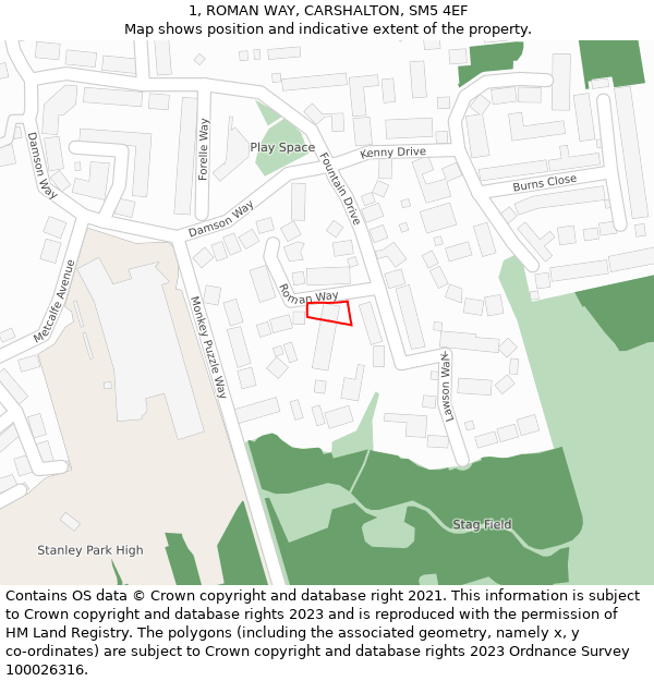 1, ROMAN WAY, CARSHALTON, SM5 4EF: Location map and indicative extent of plot