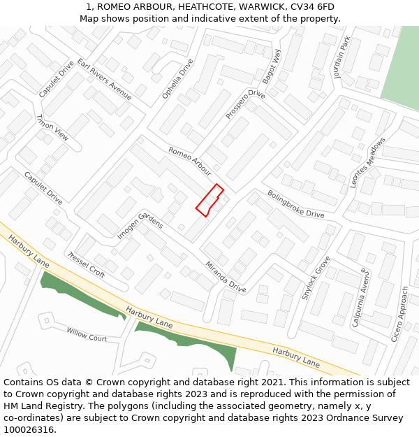 1, ROMEO ARBOUR, HEATHCOTE, WARWICK, CV34 6FD: Location map and indicative extent of plot