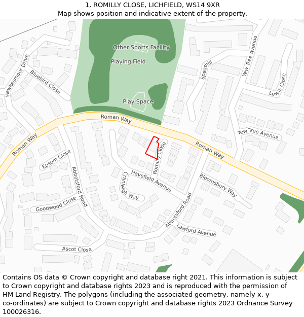 1, ROMILLY CLOSE, LICHFIELD, WS14 9XR: Location map and indicative extent of plot