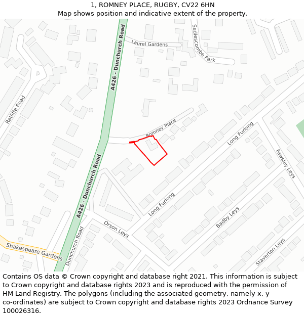 1, ROMNEY PLACE, RUGBY, CV22 6HN: Location map and indicative extent of plot