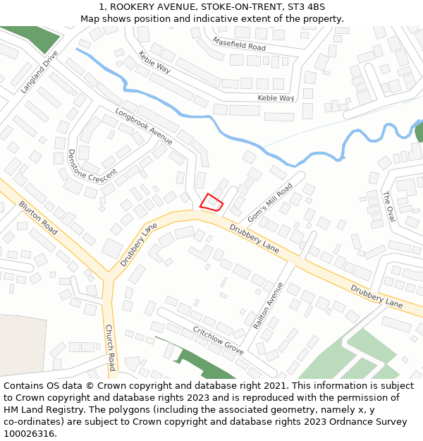 1, ROOKERY AVENUE, STOKE-ON-TRENT, ST3 4BS: Location map and indicative extent of plot