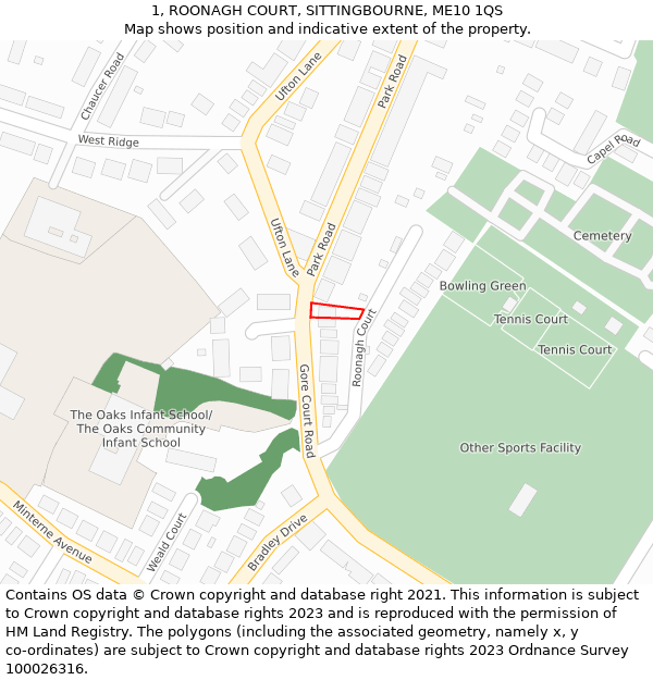 1, ROONAGH COURT, SITTINGBOURNE, ME10 1QS: Location map and indicative extent of plot