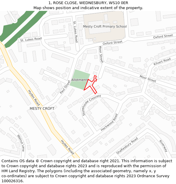 1, ROSE CLOSE, WEDNESBURY, WS10 0ER: Location map and indicative extent of plot