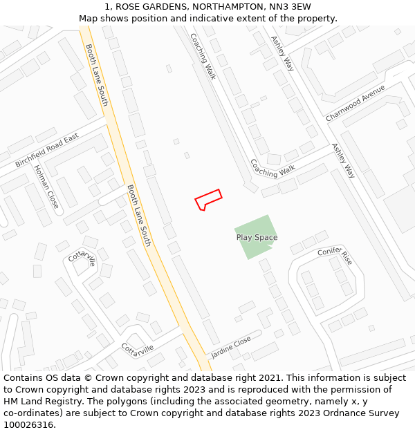 1, ROSE GARDENS, NORTHAMPTON, NN3 3EW: Location map and indicative extent of plot