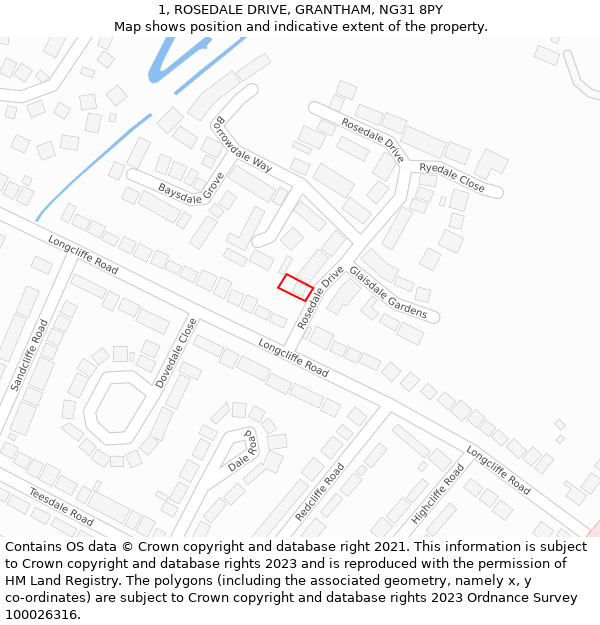 1, ROSEDALE DRIVE, GRANTHAM, NG31 8PY: Location map and indicative extent of plot