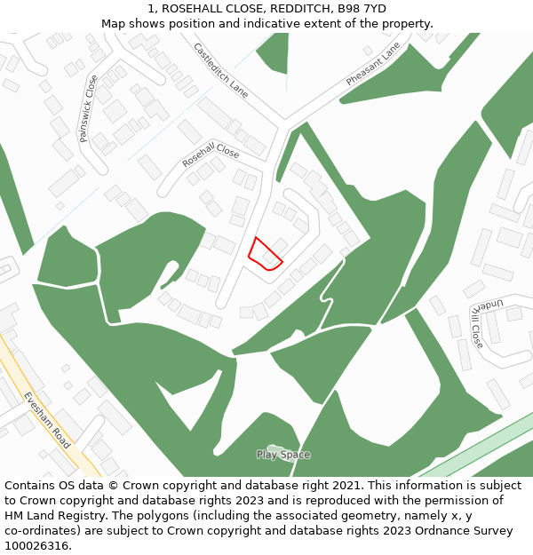 1, ROSEHALL CLOSE, REDDITCH, B98 7YD: Location map and indicative extent of plot