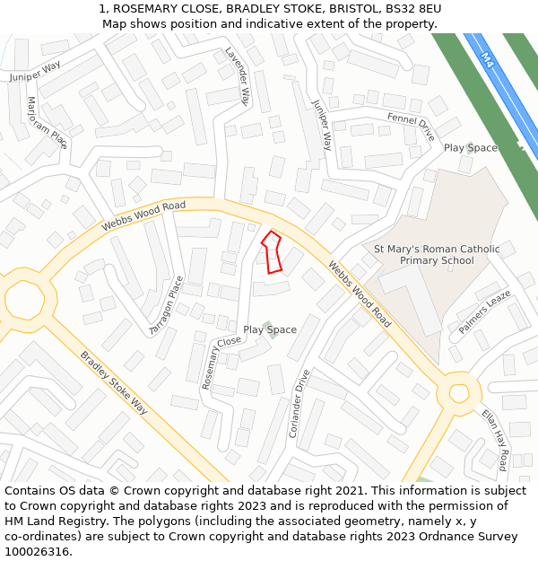 1, ROSEMARY CLOSE, BRADLEY STOKE, BRISTOL, BS32 8EU: Location map and indicative extent of plot