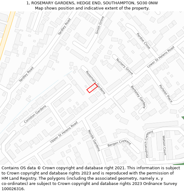 1, ROSEMARY GARDENS, HEDGE END, SOUTHAMPTON, SO30 0NW: Location map and indicative extent of plot