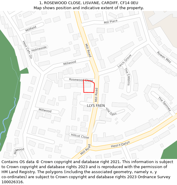 1, ROSEWOOD CLOSE, LISVANE, CARDIFF, CF14 0EU: Location map and indicative extent of plot