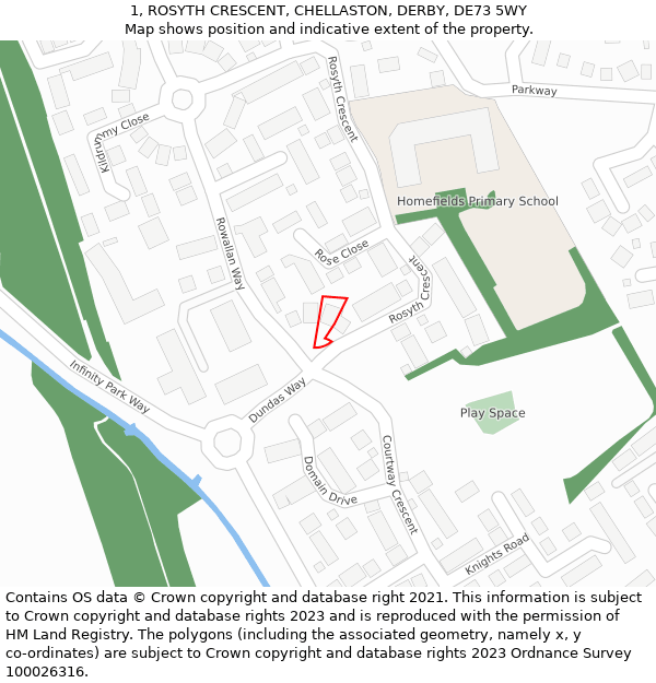 1, ROSYTH CRESCENT, CHELLASTON, DERBY, DE73 5WY: Location map and indicative extent of plot
