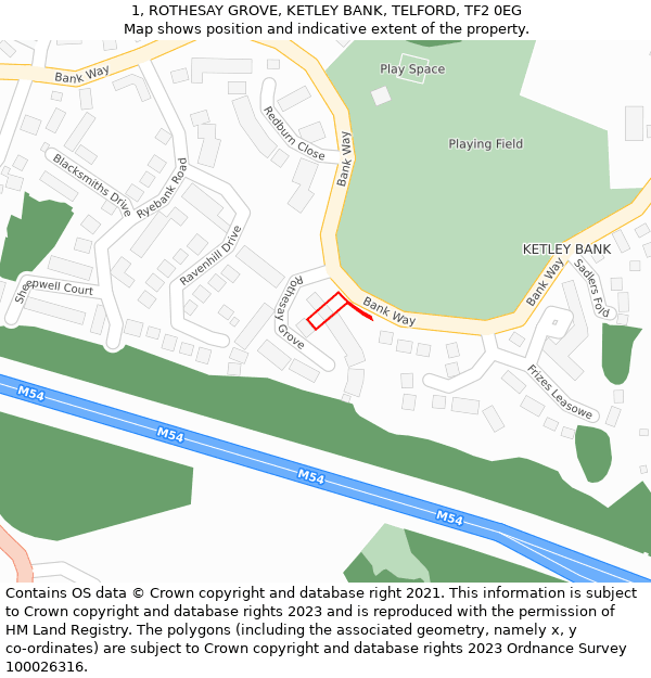 1, ROTHESAY GROVE, KETLEY BANK, TELFORD, TF2 0EG: Location map and indicative extent of plot